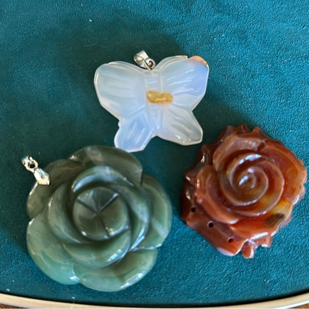 Set of 3 pendants.  Carnelian Rose.  Agate Butterfly. Green Aventurine Flower